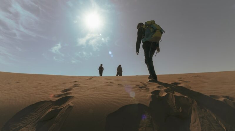 a group of people walking across a sandy field
