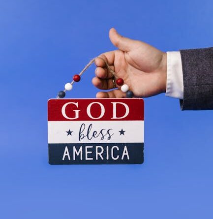 A hand holding a 'God Bless America' sign against a blue backdrop, symbolizing patriotism.